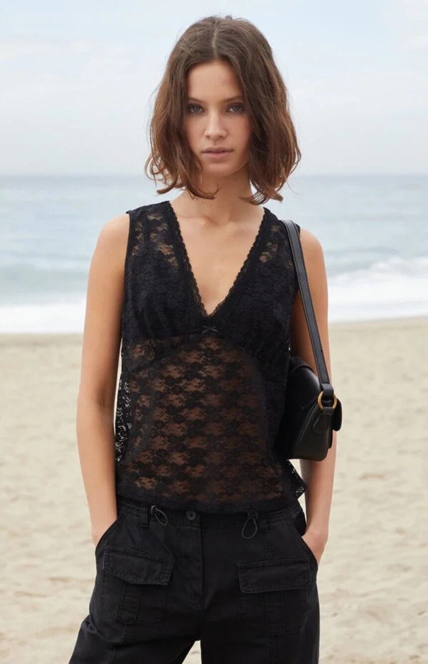John Galt Black Lace Bow Rafaela Tank Top sheer v-neck